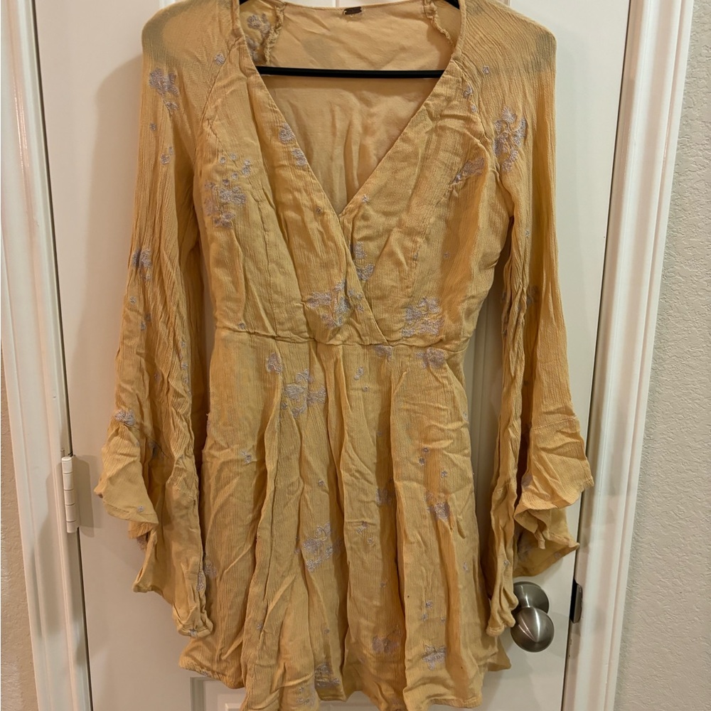 Free People Yellow Long Sleeve Embroidered Mini Dress